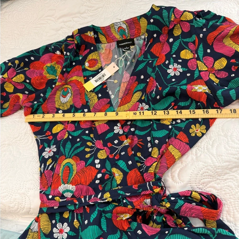 Summersalt Wrap Dress Womens 14 Floral Navy Multicolor Puff Sleeve Wrap Tie Midi - Picture 11 of 11